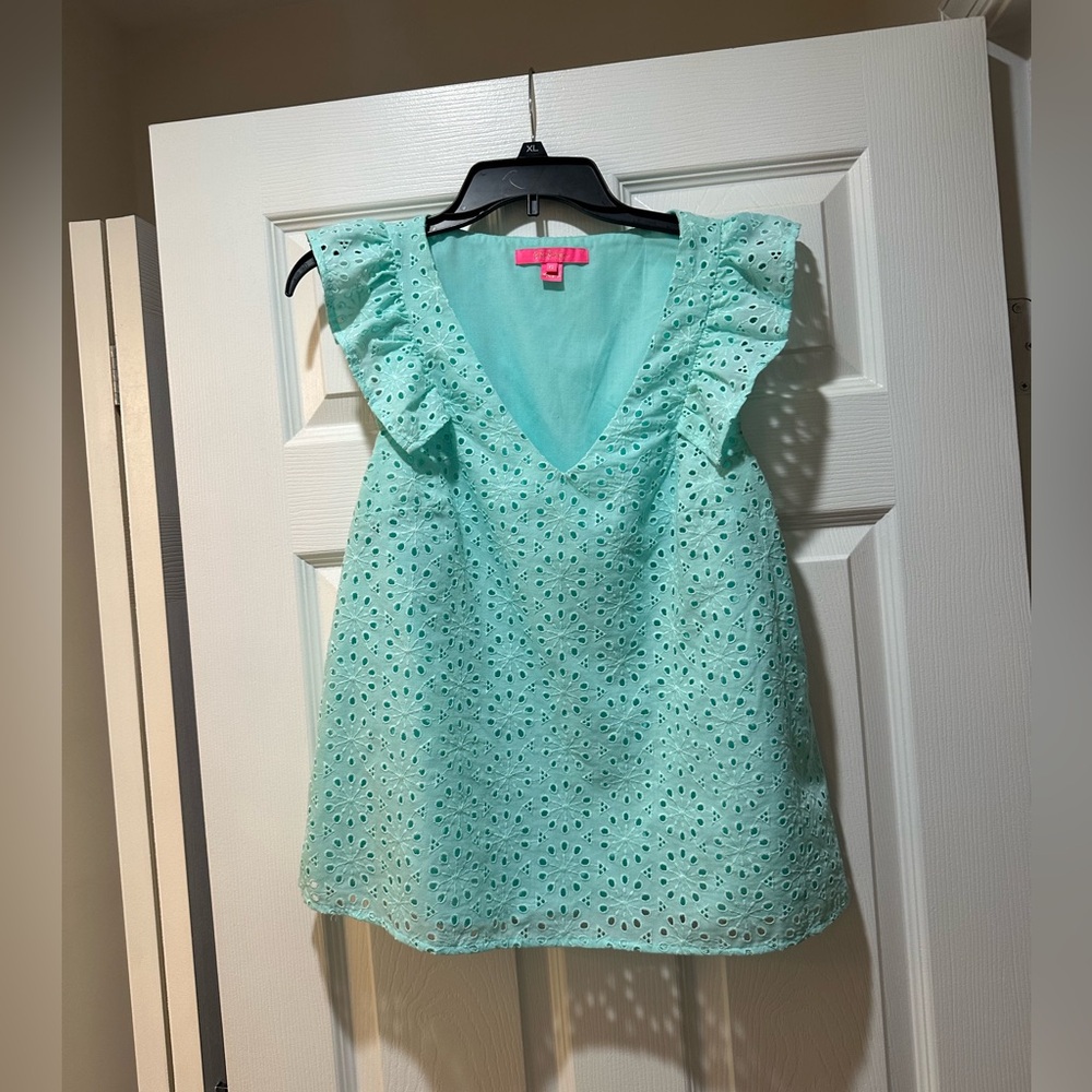 Aqua Eyelet Ruffle Sleeve Top